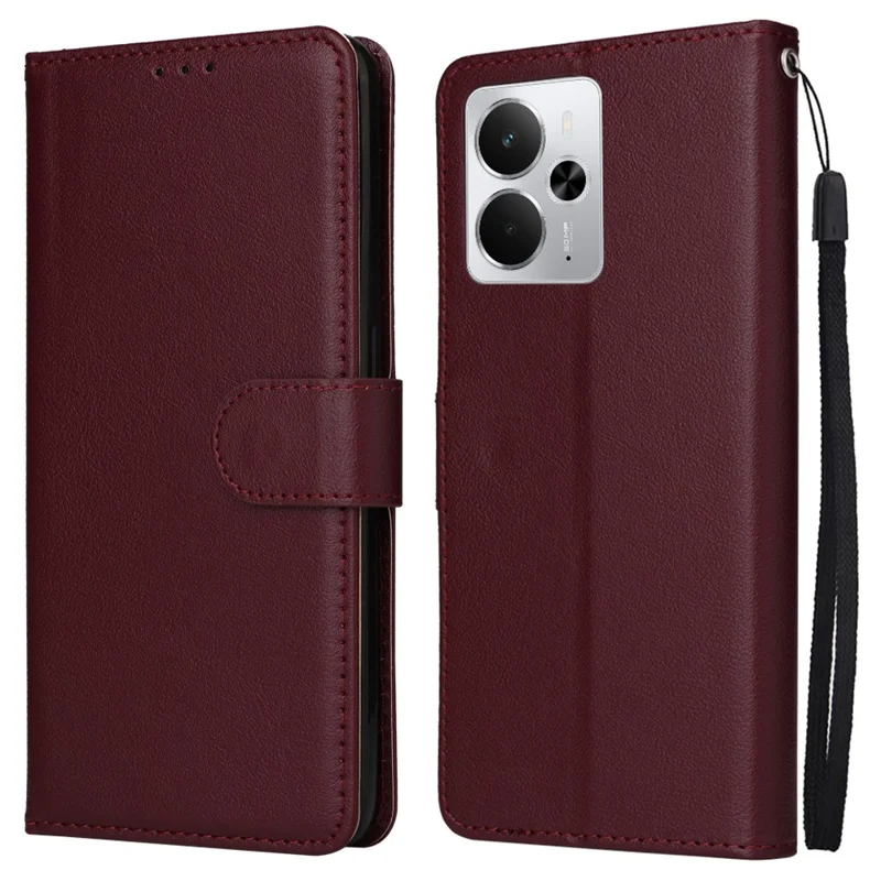 Capa de telefone para Realme 14 5G / Neo7x 5G / P3 5G / 14T 5G, Carteira Suporte de Visualização Capa de Couro PU com Alça de Pulso - Vermelho Vinho
