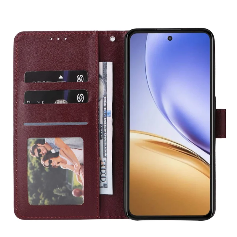 Capa de telefone para Realme 14 5G / Neo7x 5G / P3 5G / 14T 5G, Carteira Suporte de Visualização Capa de Couro PU com Alça de Pulso - Vermelho Vinho