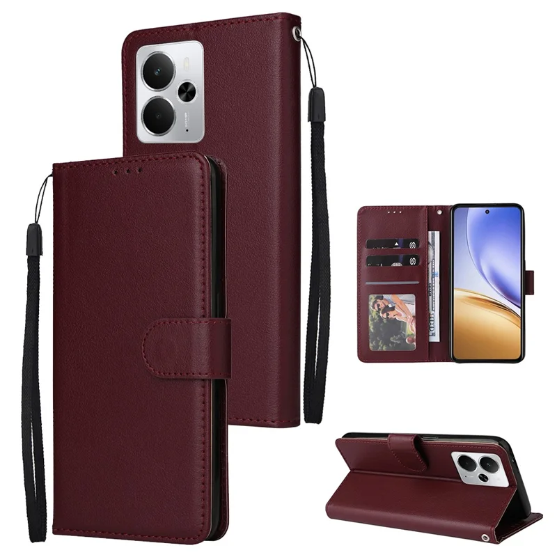 Capa de telefone para Realme 14 5G / Neo7x 5G / P3 5G / 14T 5G, Carteira Suporte de Visualização Capa de Couro PU com Alça de Pulso - Vermelho Vinho