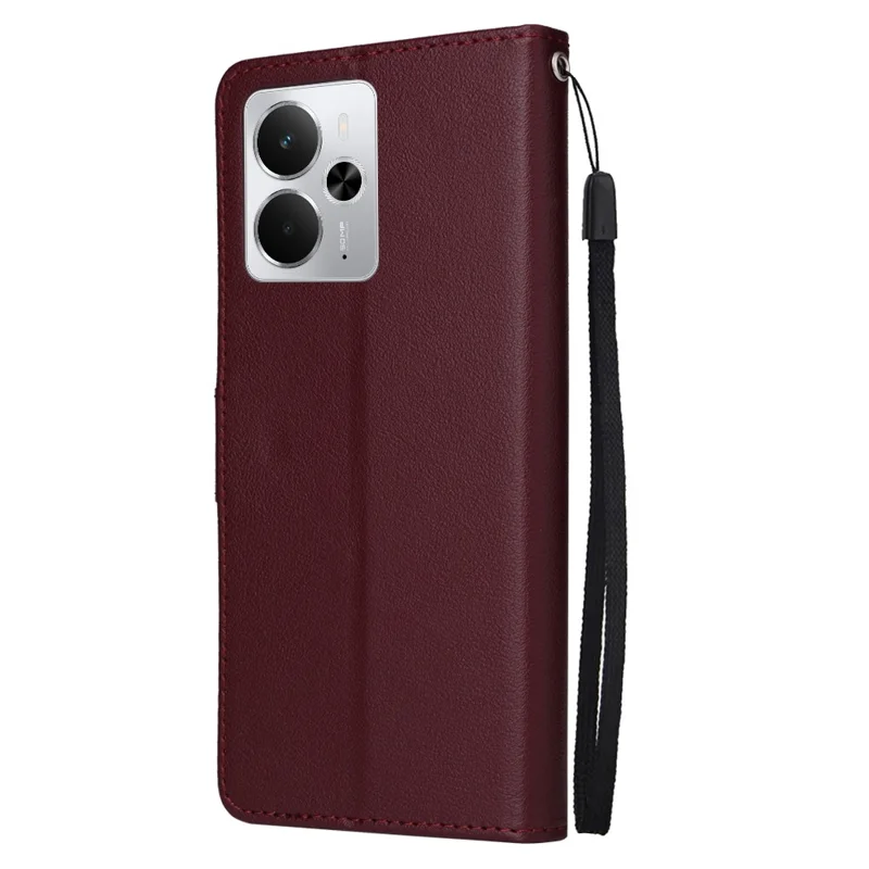 Capa de telefone para Realme 14 5G / Neo7x 5G / P3 5G / 14T 5G, Carteira Suporte de Visualização Capa de Couro PU com Alça de Pulso - Vermelho Vinho