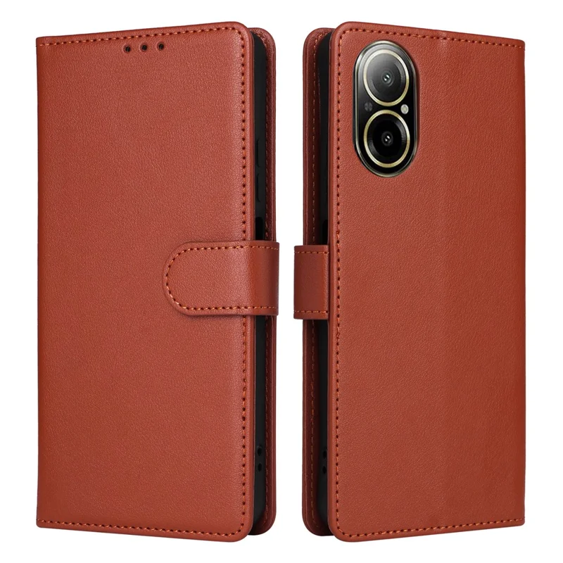 Funda tipo cartera con soporte de vista para Realme C67 4G / 12 Lite 4G, de cuero PU con correa de muñeca - Marrón