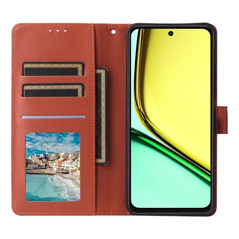 Funda tipo cartera con soporte de vista para Realme C67 4G / 12 Lite 4G, de cuero PU con correa de muñeca - Marrón