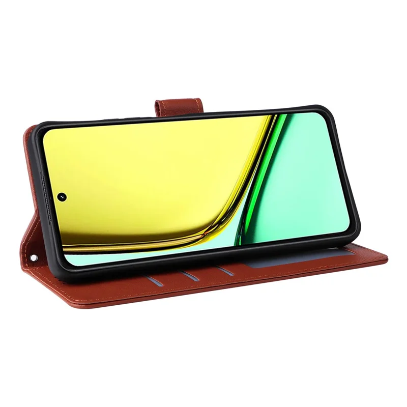 Funda tipo cartera con soporte de vista para Realme C67 4G / 12 Lite 4G, de cuero PU con correa de muñeca - Marrón