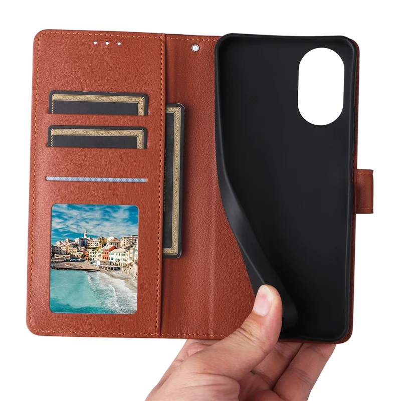 Funda tipo cartera con soporte de vista para Realme C67 4G / 12 Lite 4G, de cuero PU con correa de muñeca - Marrón