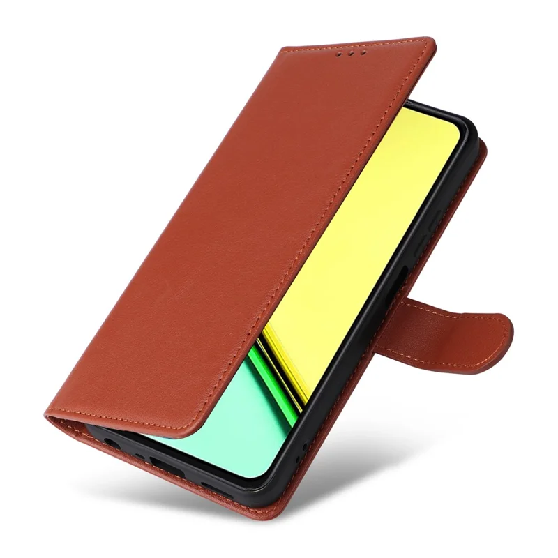 Funda tipo cartera con soporte de vista para Realme C67 4G / 12 Lite 4G, de cuero PU con correa de muñeca - Marrón
