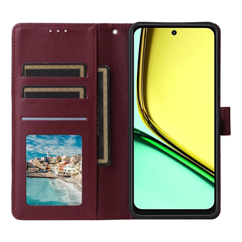 For Realme C67 4G / 12 Lite 4G Case Wallet Stand View PU Leather Phone Cover with Wrist Strap - Wine Red
