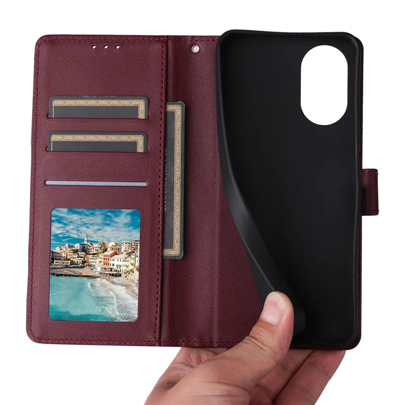 For Realme C67 4G / 12 Lite 4G Case Wallet Stand View PU Leather Phone Cover with Wrist Strap - Wine Red