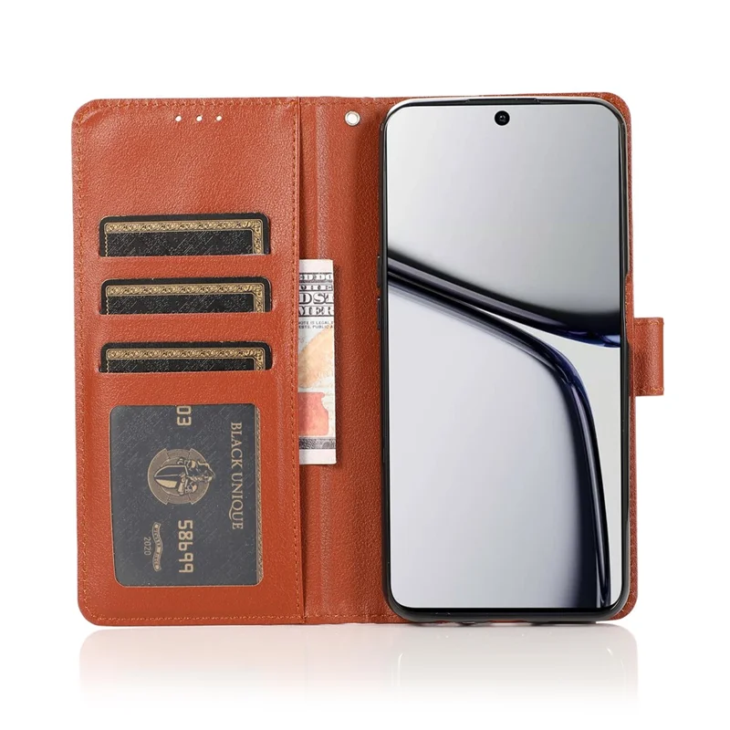 Capa Carteira para Realme C65 4G com Suporte e Visualização em Couro PU, Alça de Pulso - Marrom