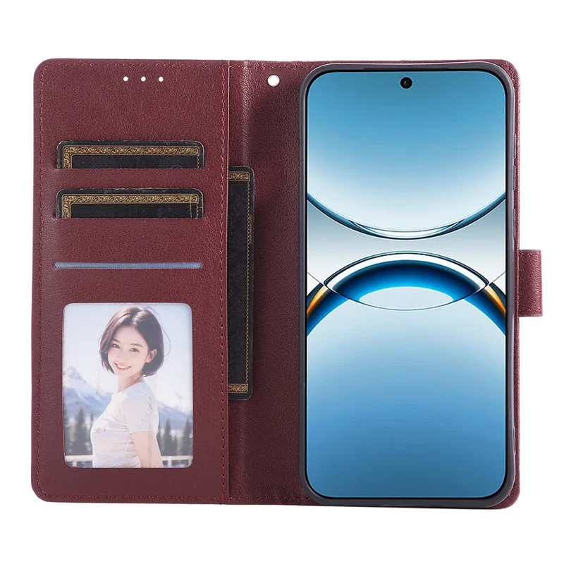 Funda tipo cartera con soporte y vista para Oppo Find X8 Pro 5G, de cuero PU con correa de muñeca - Rojo Vino
