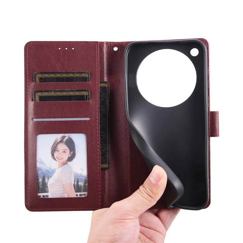 Funda tipo cartera con soporte y vista para Oppo Find X8 Pro 5G, de cuero PU con correa de muñeca - Rojo Vino