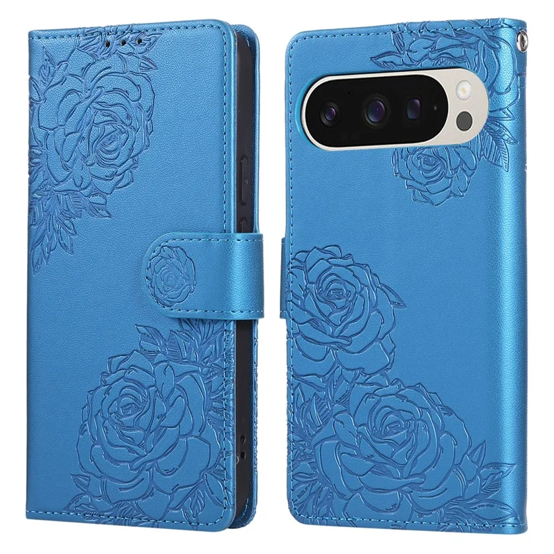 Phone Case For Google Pixel 10 / 10 Pro / 9 / 9 Pro , Rose Flower PU Leather Wallet Cover with 3 Card Slots / Wrist Strap - Blue