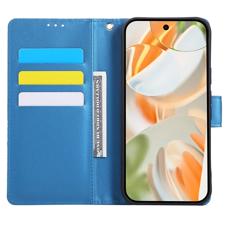 Phone Case For Google Pixel 10 / 10 Pro / 9 / 9 Pro , Rose Flower PU Leather Wallet Cover with 3 Card Slots / Wrist Strap - Blue