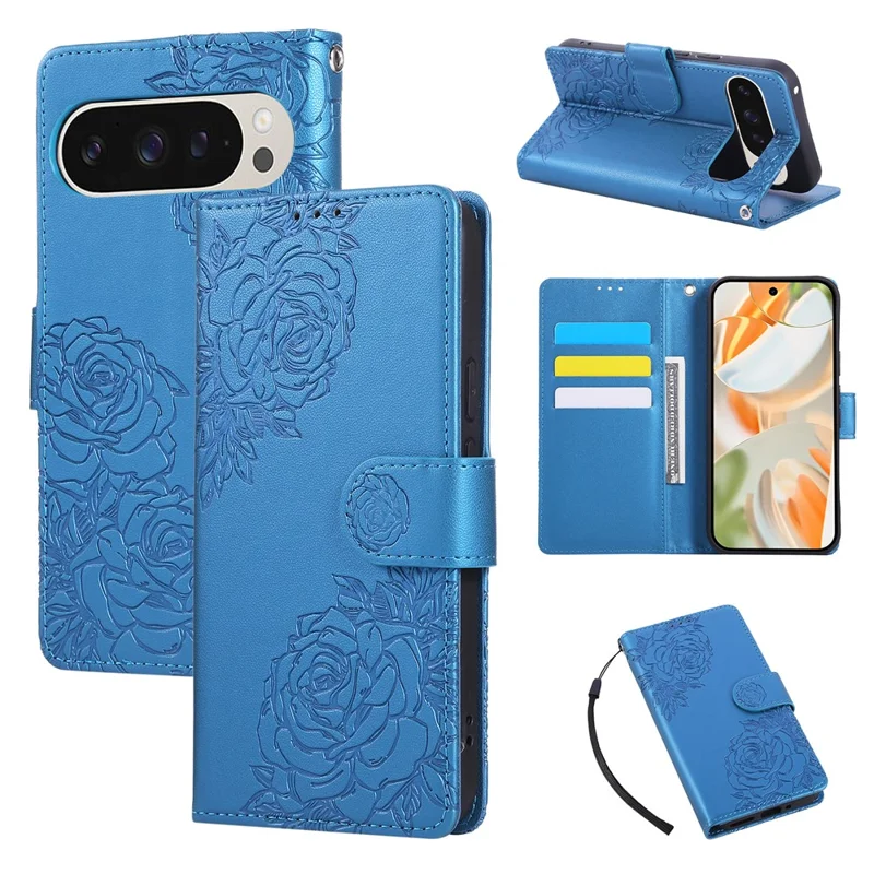 Phone Case For Google Pixel 10 / 10 Pro / 9 / 9 Pro , Rose Flower PU Leather Wallet Cover with 3 Card Slots / Wrist Strap - Blue