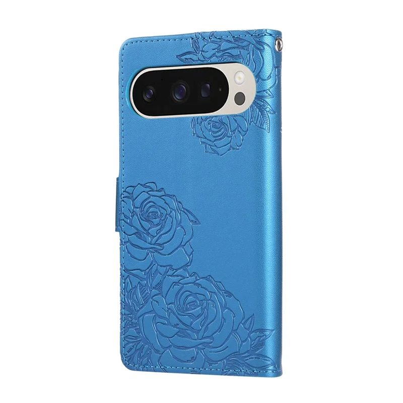 Phone Case For Google Pixel 10 / 10 Pro / 9 / 9 Pro , Rose Flower PU Leather Wallet Cover with 3 Card Slots / Wrist Strap - Blue
