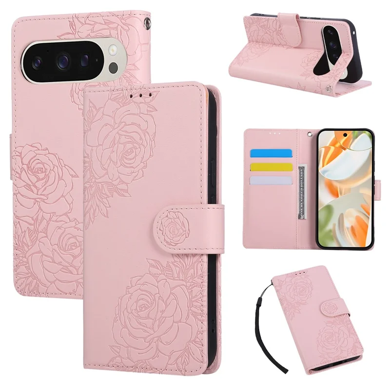 Cover per Google Pixel 10 Pro XL / 9 Pro XL con Fiore di Rosa in Pelle PU Portafoglio con 3 Slot per Carte / Cinturino da Polso - Oro Rosa