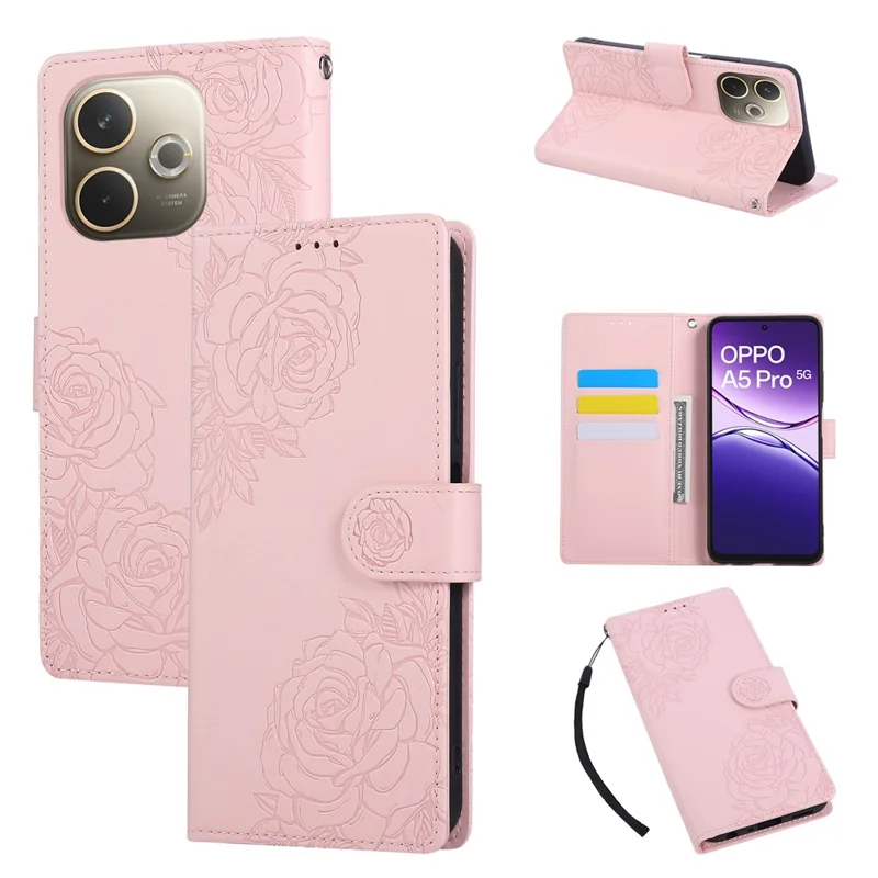 Cover a portafoglio in pelle PU con fiore di rosa per Oppo A5 Pro 5G (Globale) / 4G (Globale) / A5 Energy 5G (Cina), con 3 slot per carte - Oro Rosa