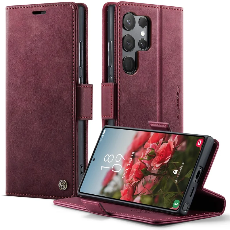 CASEME 033 Serie per Samsung Galaxy S23 Ultra Custodia Portafoglio RFID Blocking Stand Texture Vitello Pelle Custodia Telefonica - Rosso
