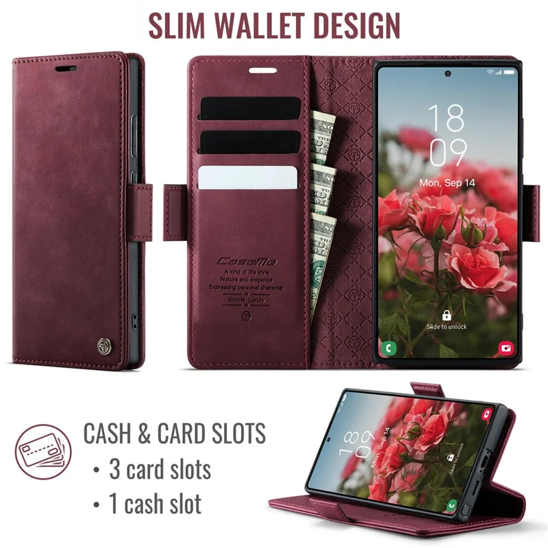CASEME 033 Serie per Samsung Galaxy S23 Ultra Custodia Portafoglio RFID Blocking Stand Texture Vitello Pelle Custodia Telefonica - Rosso