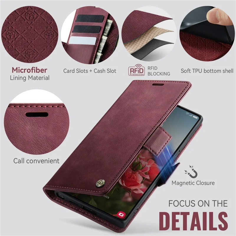 CASEME 033 Serie per Samsung Galaxy S23 Ultra Custodia Portafoglio RFID Blocking Stand Texture Vitello Pelle Custodia Telefonica - Rosso