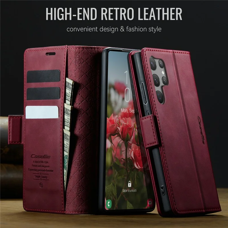 CASEME 033 Serie per Samsung Galaxy S23 Ultra Custodia Portafoglio RFID Blocking Stand Texture Vitello Pelle Custodia Telefonica - Rosso