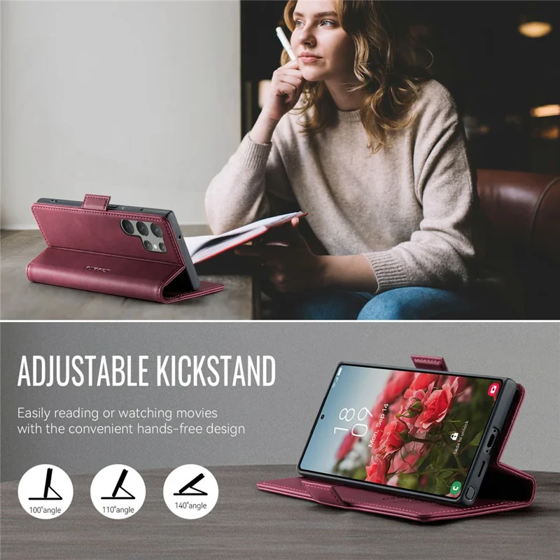 CASEME 033 Serie per Samsung Galaxy S23 Ultra Custodia Portafoglio RFID Blocking Stand Texture Vitello Pelle Custodia Telefonica - Rosso