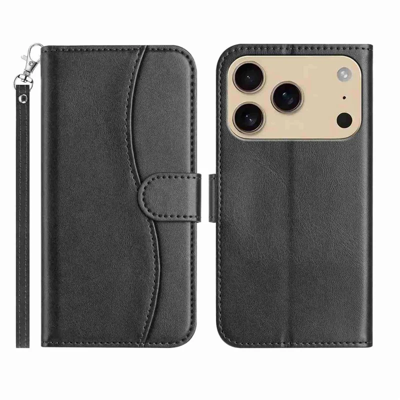 Stand Case for iPhone 17 Pro PU Leather Wallet Phone Cover S Shape Stitching Design with Strap - Black