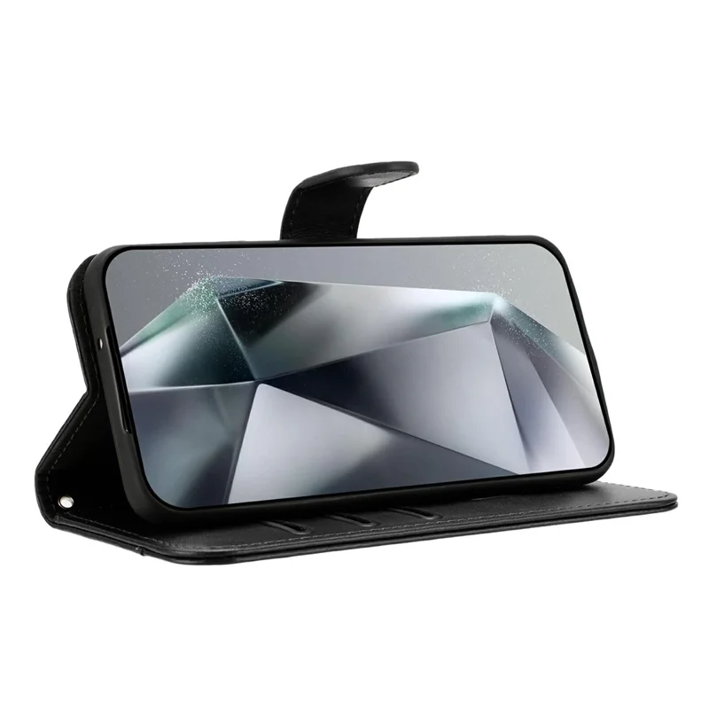 Stand Case for iPhone 17 Pro PU Leather Wallet Phone Cover S Shape Stitching Design with Strap - Black