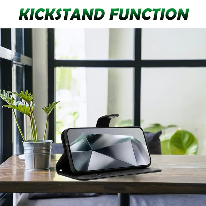 Stand Case for iPhone 17 Pro PU Leather Wallet Phone Cover S Shape Stitching Design with Strap - Black