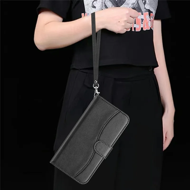 Stand Case for iPhone 17 Pro PU Leather Wallet Phone Cover S Shape Stitching Design with Strap - Black