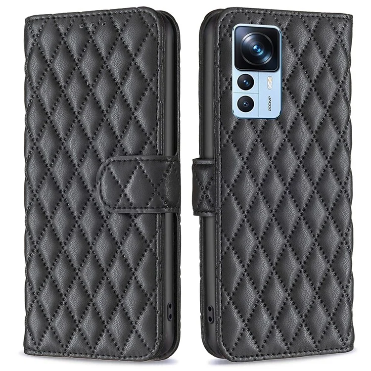 BINFEN COLOR BF Style-14 for Xiaomi 12T 5G / Redmi K50 Ultra 5G / 12T Pro 5G Imprinted Rhombus Pattern Phone Wallet Stand Case PU Leather Shockproof Cover - Black