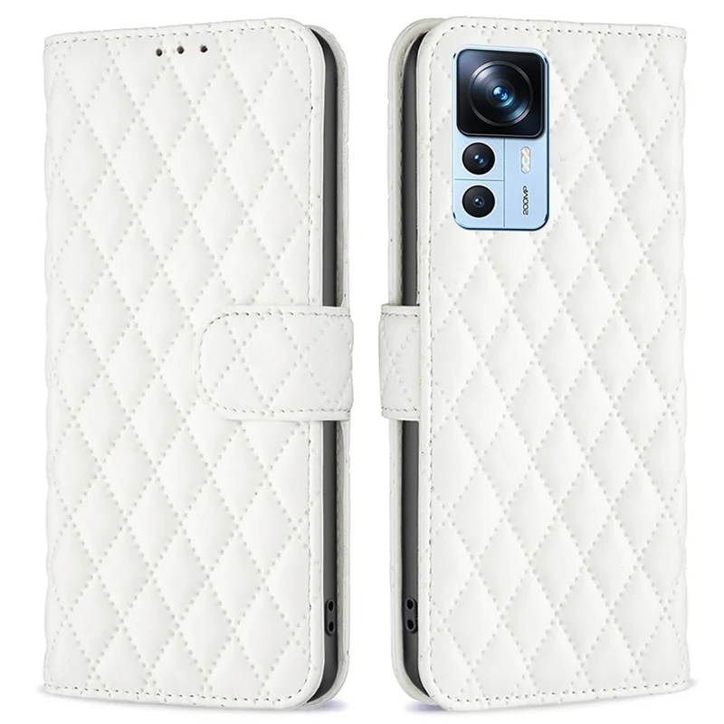 BINFEN COLOR BF Style-14 for Xiaomi 12T 5G / Redmi K50 Ultra 5G / 12T Pro 5G Imprinted Rhombus Pattern Phone Wallet Stand Case PU Leather Shockproof Cover - White