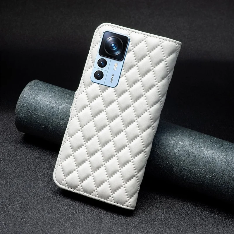 BINFEN COLOR BF Style-14 for Xiaomi 12T 5G / Redmi K50 Ultra 5G / 12T Pro 5G Imprinted Rhombus Pattern Phone Wallet Stand Case PU Leather Shockproof Cover - White