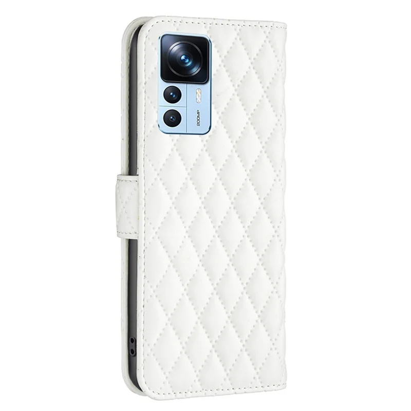 BINFEN COLOR BF Style-14 for Xiaomi 12T 5G / Redmi K50 Ultra 5G / 12T Pro 5G Imprinted Rhombus Pattern Phone Wallet Stand Case PU Leather Shockproof Cover - White
