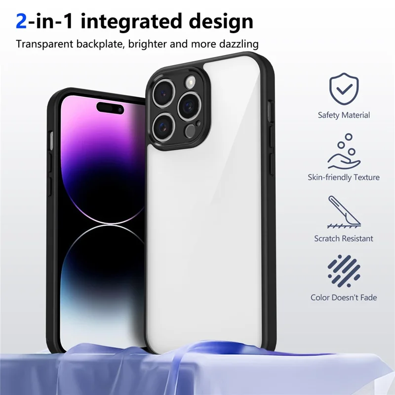 Für iPhone 15 Pro Max Hülle Matte Skin Touch Durchsichtiges PC + TPU Stoßfeste Handyrückseite - Schwarz