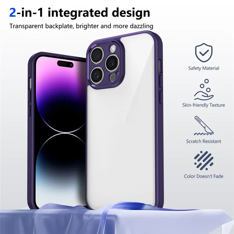 For iPhone 14 Pro Max Case Matte Skin Touch Clear PC + TPU Shockproof Phone Back Cover - Purple