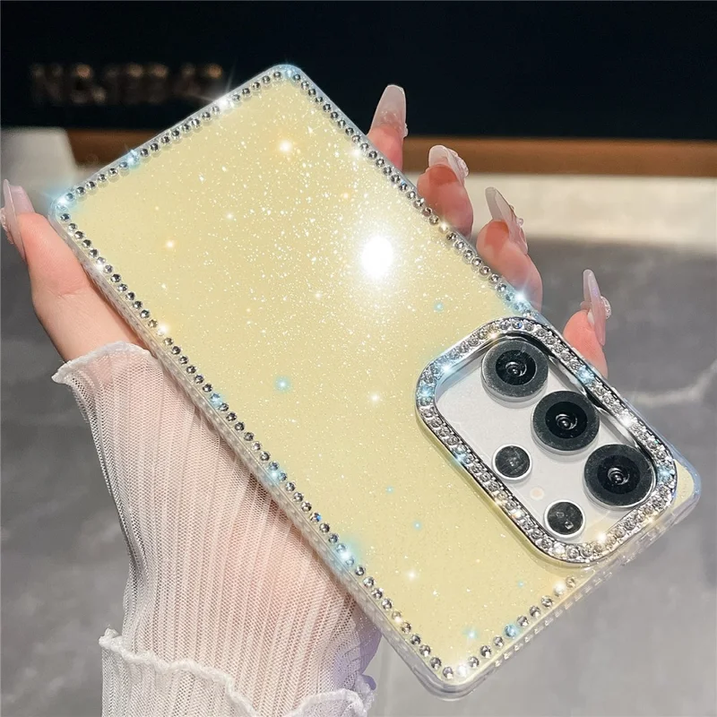 For Samsung Galaxy S25 Ultra Case Rhinestone Edge Glitter Back TPU + PC IMD Phone Cover - Glitter Light Yellow