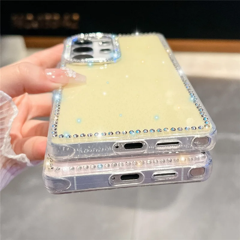 For Samsung Galaxy S25 Ultra Case Rhinestone Edge Glitter Back TPU + PC IMD Phone Cover - Glitter Light Yellow