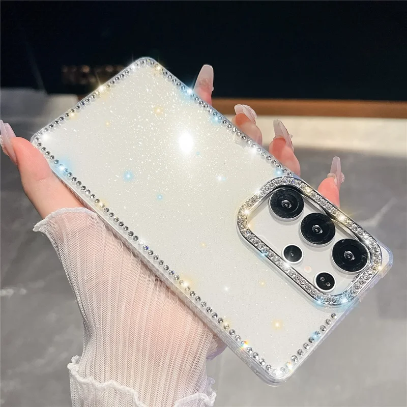 For Samsung Galaxy S25 Ultra Case Rhinestone Edge Glitter Back TPU + PC IMD Phone Cover - Glitter White