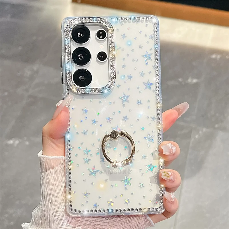 For Samsung Galaxy S25 Ultra Case with Ring Kickstand Rhinestone Edge TPU + PC IMD Phone Cover - Starry Transparent