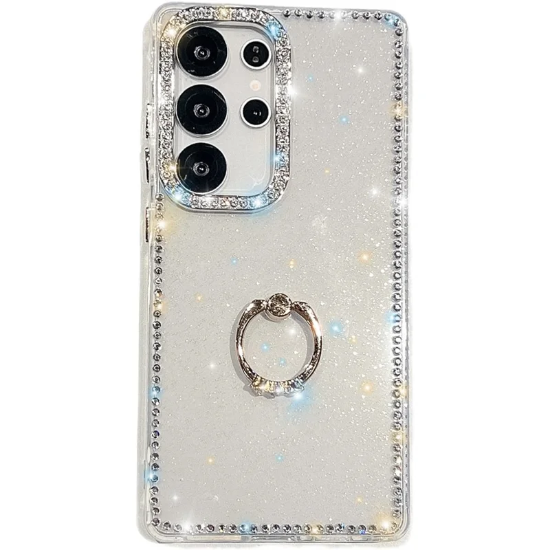 For Samsung Galaxy S25 Ultra Case with Ring Kickstand Rhinestone Edge TPU + PC IMD Phone Cover - Glitter Transparent