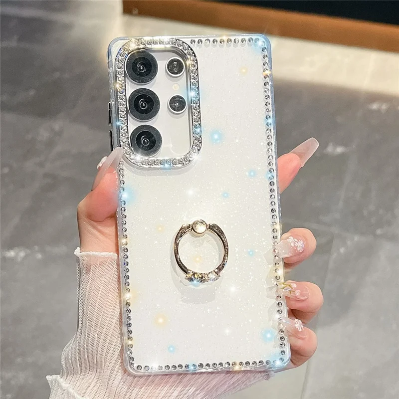 For Samsung Galaxy S25 Ultra Case with Ring Kickstand Rhinestone Edge TPU + PC IMD Phone Cover - Glitter Transparent