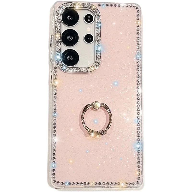 For Samsung Galaxy S24 Ultra Case with Ring Kickstand Rhinestone Edge TPU + PC IMD Phone Cover - Glitter Light Pink