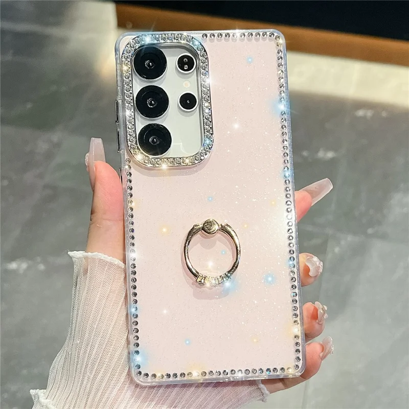 For Samsung Galaxy S24 Ultra Case with Ring Kickstand Rhinestone Edge TPU + PC IMD Phone Cover - Glitter Light Pink
