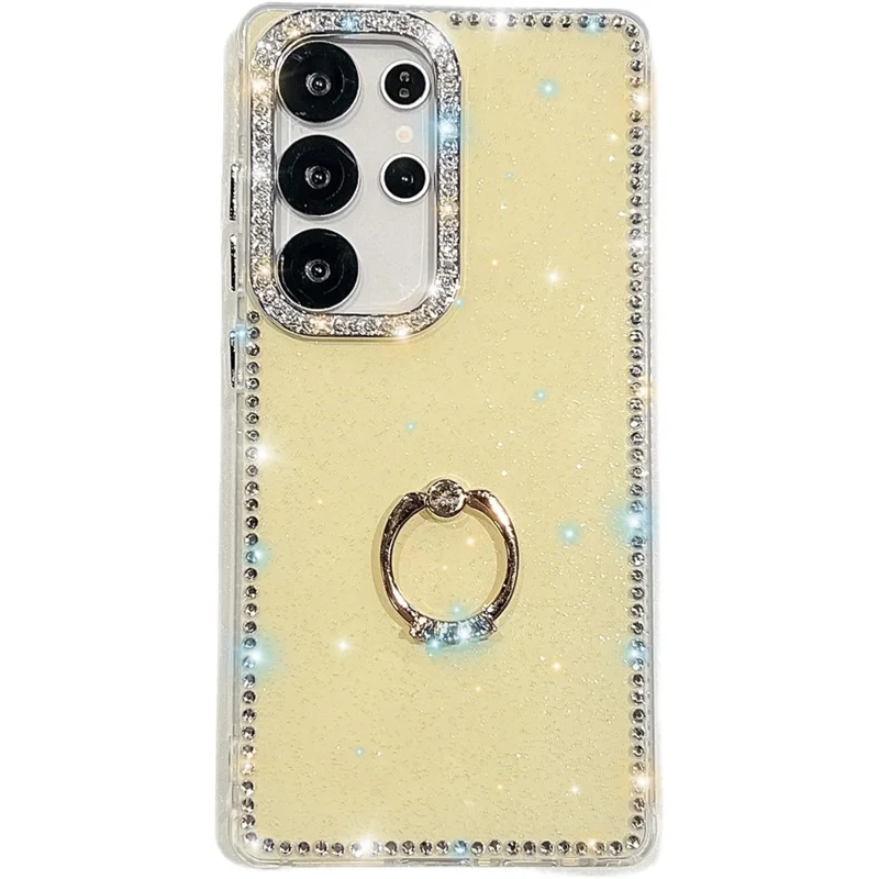 For Samsung Galaxy S24 Ultra Case with Ring Kickstand Rhinestone Edge TPU + PC IMD Phone Cover - Glitter Light Yellow