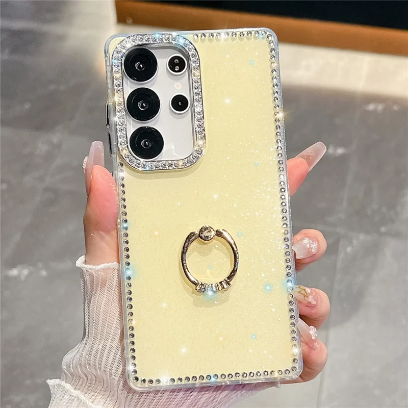 For Samsung Galaxy S24 Ultra Case with Ring Kickstand Rhinestone Edge TPU + PC IMD Phone Cover - Glitter Light Yellow