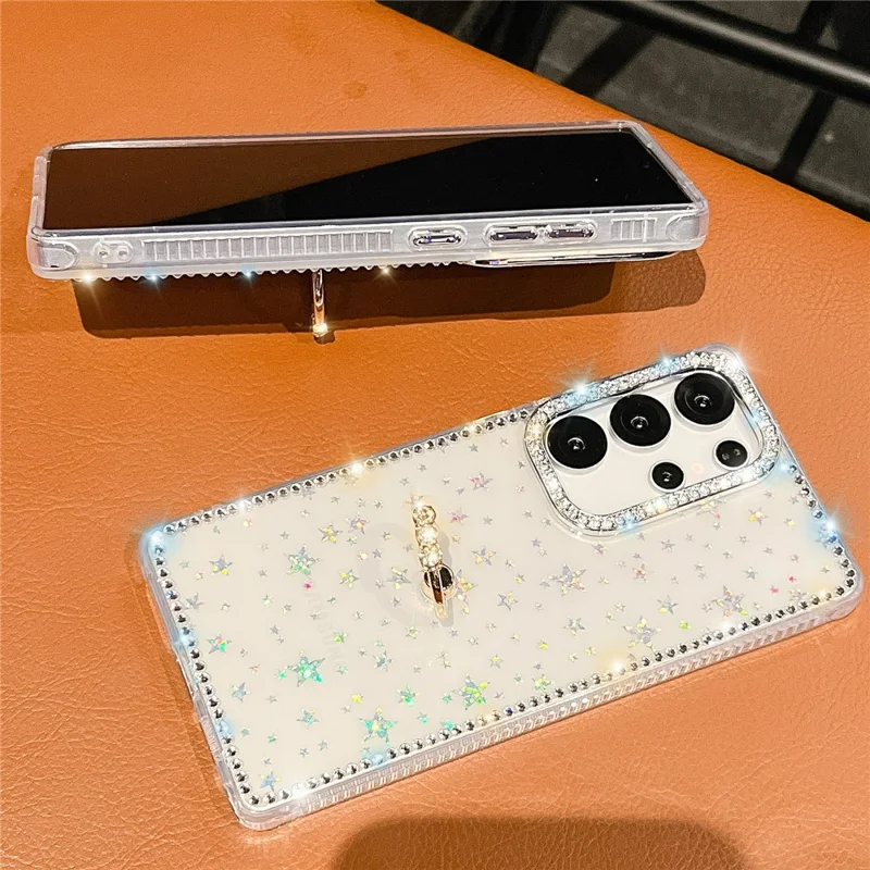 For Samsung Galaxy S24 Ultra Case with Ring Kickstand Rhinestone Edge TPU + PC IMD Phone Cover - Glitter Light Yellow