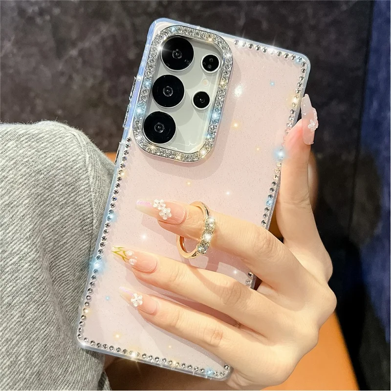 For Samsung Galaxy S24 Ultra Case with Ring Kickstand Rhinestone Edge TPU + PC IMD Phone Cover - Glitter Light Yellow