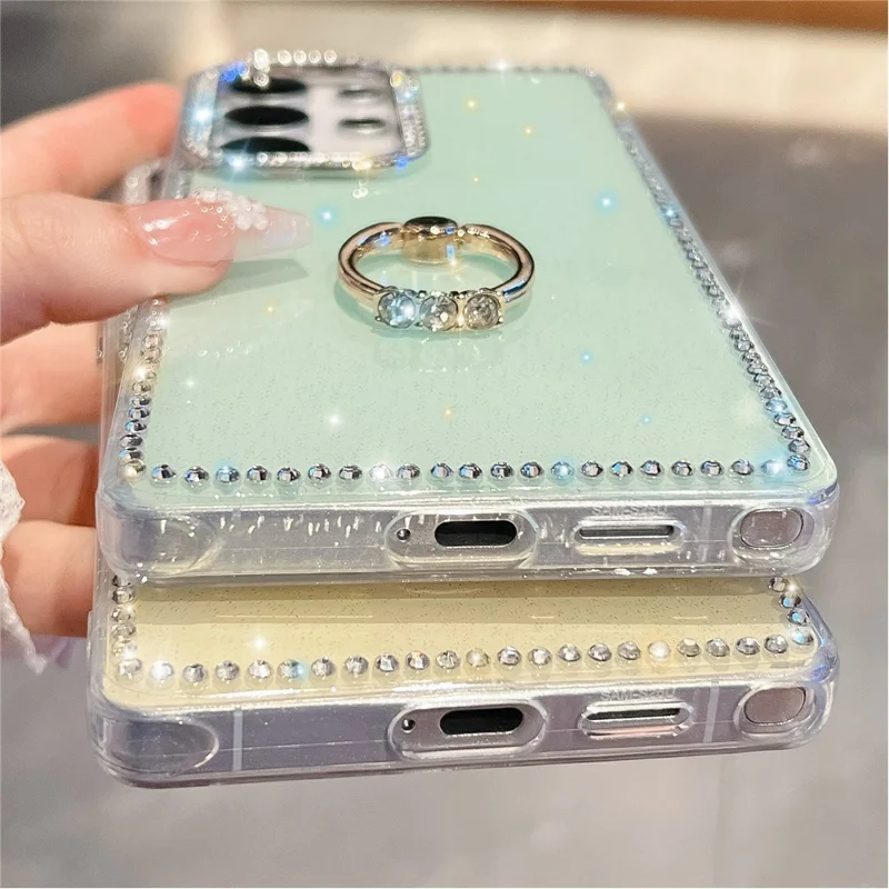 For Samsung Galaxy S24 Ultra Case with Ring Kickstand Rhinestone Edge TPU + PC IMD Phone Cover - Glitter Light Yellow