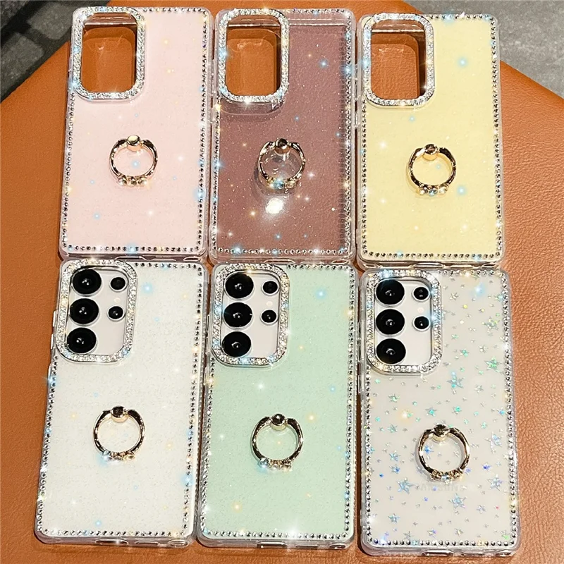 For Samsung Galaxy S24 Ultra Case with Ring Kickstand Rhinestone Edge TPU + PC IMD Phone Cover - Glitter Light Yellow