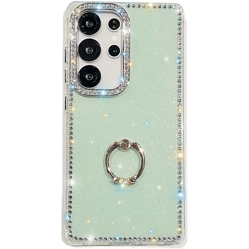 For Samsung Galaxy S24 Ultra Case with Ring Kickstand Rhinestone Edge TPU + PC IMD Phone Cover - Glitter Light Green